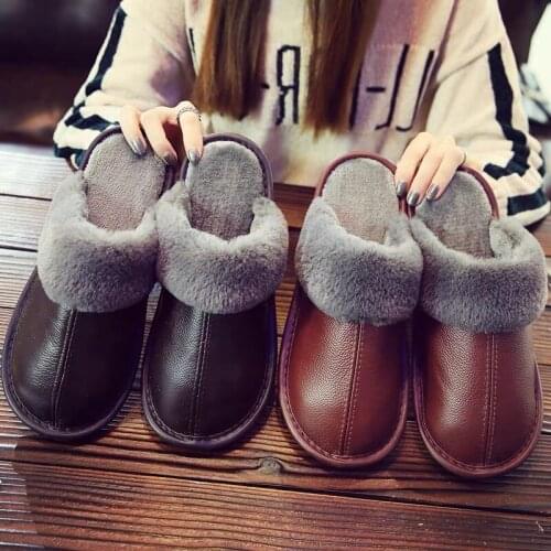 2020 cotton slippers winter women fluffy slippers men home cowhide slippers indoor warm shoes indoor fur hot sale