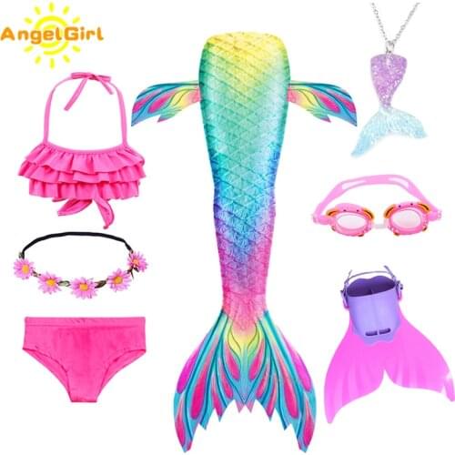 AngelGirl Kids Colorful Swimming Mermaid Tail with Flipper for Girl Summer Mermaid Vacation Mermaid Costume Party Bikini Dress