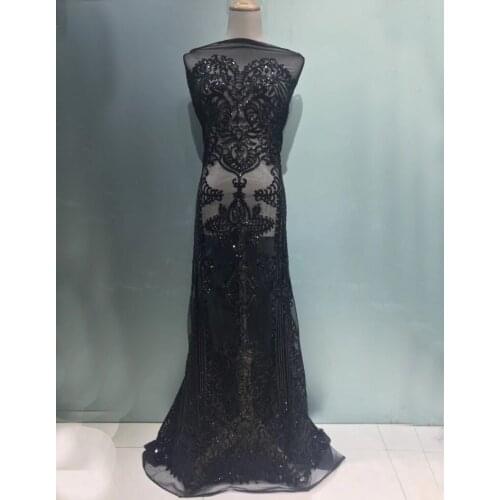 Free shipping (5yards/pc) wonderful embroidered plain black African sequins net lace fabric for high grade party dress FNS125