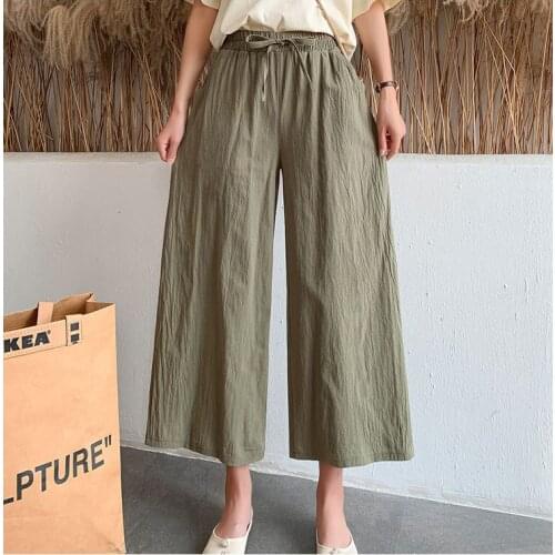Cotton Linen Wide Leg Pants Women Summer Solid Calf Length Straight Pants Elastic Waist Loose Casual Womans Large Size Trousers