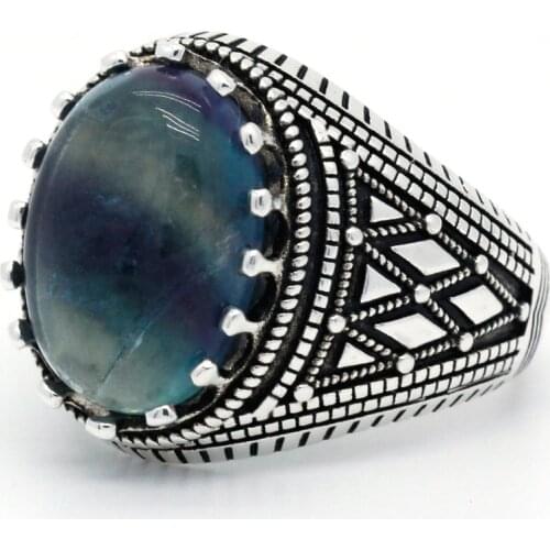 Fluorite Stone Mens Rings Sterling Silver 925 Natural Gemstone Vintage Gorgeous Ring for Male Women Couples Fine Jewelry Gift