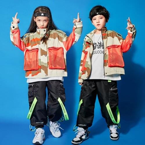 Kids Cool Hip Hop Dance Costumes Gilrs Clothing Boys Jazz Dance Wear Rave Outfits Camouflage Coat Black Hiphop Pants XS1819
