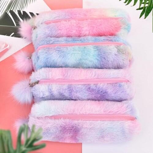 Cute Rainbow Plush Pencil Bag Colorful Rainbow Gradient Girls Fleece Pencilcase Stationery Storager Pen Box Birthday Gift