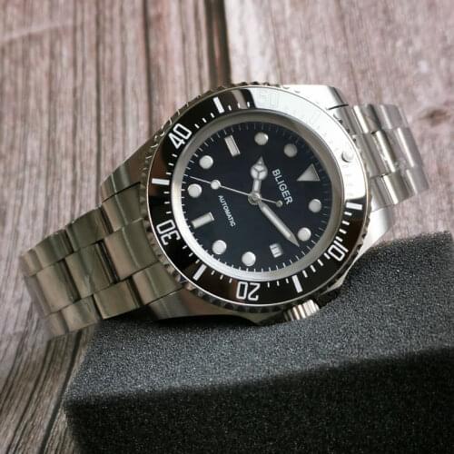 BLIGER 44mm SEA Big Automatic Men Watch 24 Jewels NH35A MIYOTA 8215 Movement Luminous Marks Glide Lock Brushed Strap