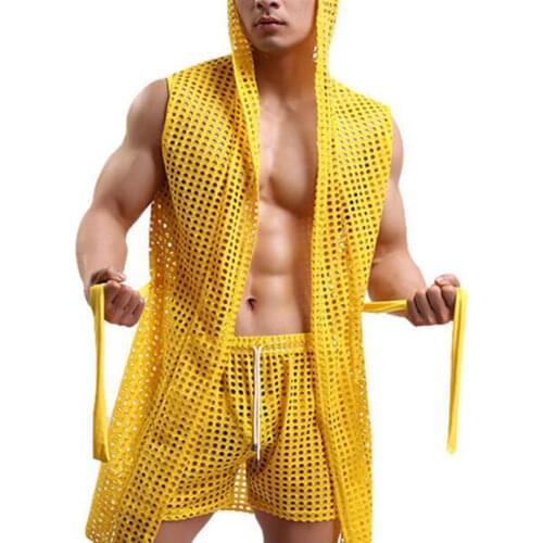 Mens bathrobes kimono men szlafrok sleepwear see through sexy men bathrobe gown hooded mantle pijama men homme badjas dressing