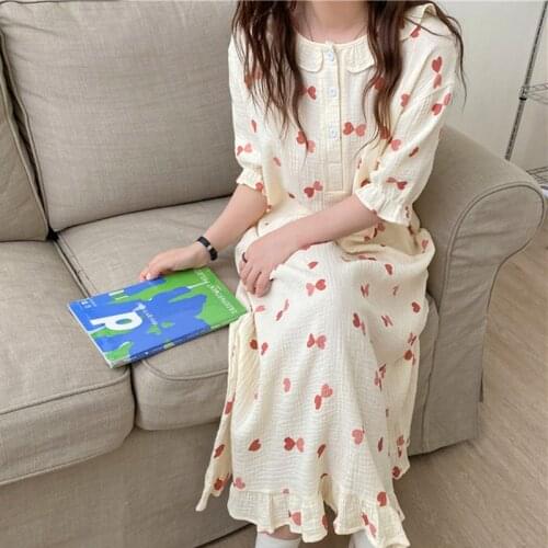 Full Cotton Night Dress Women Short Sleeve Nightgowns Sweet Students Sleepwear Loose Korean Nightshirt Female Home Clothes
