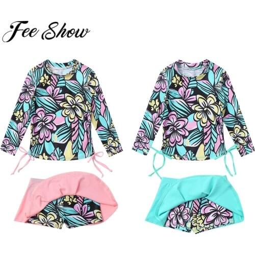 4-12Y Kids Girls Two Pieces Swimwear Swimsuit Bathing Suit Long Sleeve Flower Printed Tops with Skirt Style Shorts Beachwear