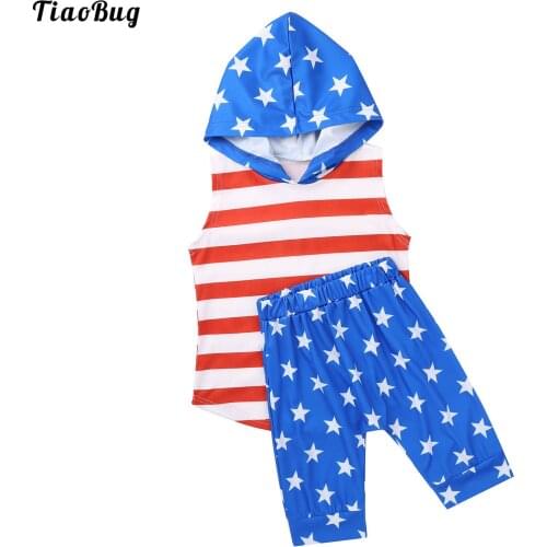 TiaoBug Casual Summer 2Pcs Kids Boys Suit Stripes And Stars Print Hooded Hoodie Sleeveless Tops And Shorts Sets