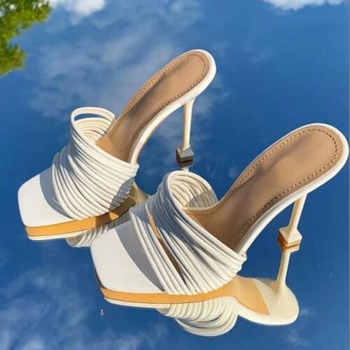 Square Toe Women Slipper Shoes Summer Mules Heels Multi Knot High Heels Sandals Women Wedding Party Heels Slides Women Designer
