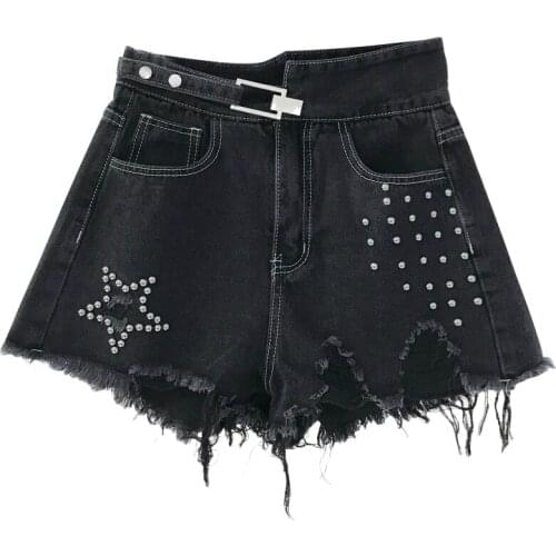 Summer fashion sexy high waist rivet beading wide leg shorts female blue grey college style Korean denim shorts with belt F1117