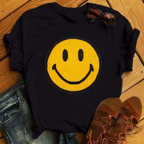 Women Smiley Vogue Black T Shirt Harajuku 90s Korean Style Cartoon Graphic Short Sleeve Tops 2021 Kawaii Female Tshirt,Drop Ship