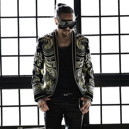 M-3XL Men blazer black embroidery coat Jacket blazer Male DJ Singer Slim Coat Stage Costume Plus Size