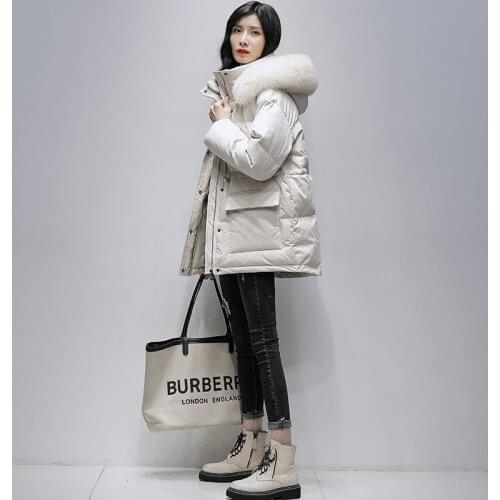 2021 Winter New Women White Duck Down Coat Real Fox Fur Collar Short Female Puffer Jackets Thicken Warm Hooded Ladies Outwear
