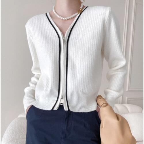 Stylish V-neck Zipper Up Women Sweater 2021 Autumn Knitwear Tops Casual Hit Color Full Sleeve Female Cardigans