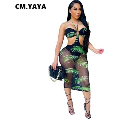 CM.YAYA Women Midi Dress Mesh See-through Print Sleeveless Halter Backless Stretchy Bodycon Dresses Sexy Night Vestidos Summer
