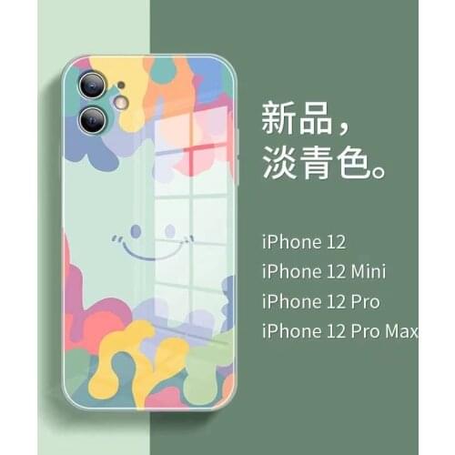 Liquid Smiley Glass Phone Case For iPhone 11 12 Pro MAX 6 7 8 Plus X XR XS SE Mobile All-inclusive lens Cartoon protective Cover