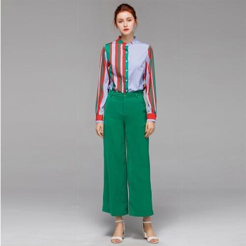 2021 spring autumn women pant sets striped blouse + green pants women office 2 pieces sets quality shirt pant suits