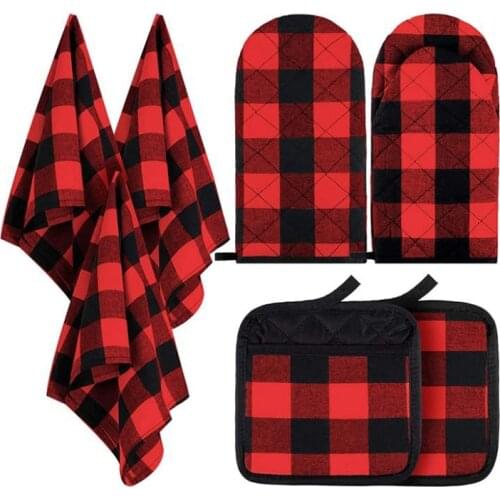 7 Pcs Check Dish Towel Pot Holder Oven Glove Set Non-Slip Heat-Resistant Oven Gloves and Pot Holder for Cooking,Bake,Etc