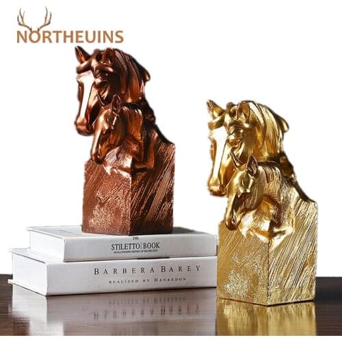 NORTHEUINS Couple Double Horse Head Figurines For Interior Golden Resin Crafts Home Office Lucky Ornaments Sculpture Accessories