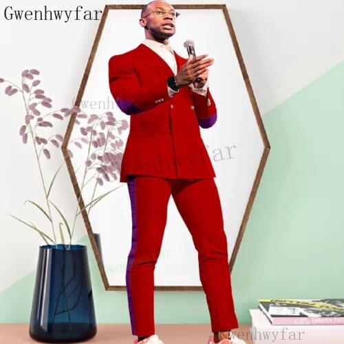 Gwenhwyfar 2021 Latest Coat Designs Red Men Slim Fit Tuxedo Groom Wedding Suits Custom Prom Blazer (Jacket+Pants)