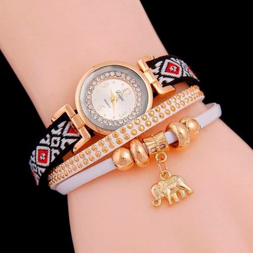 Watches Women Set Vintage Elephant Bracelet Round Women Watch Quartz Ladies Wrist Alloy Watch Woven Watchbands Accesorios