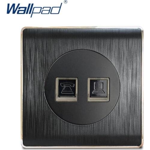 Wallpad TEL DATA RJ45 CAT6 Wall Socket Electric Outlet Black PC Brushed Panel For Home