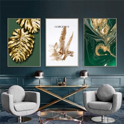 GOODECOR Green and Golden Abstract Leaf Wall Art Canvas Poster Print Nordic Decorative Picture Painting Modern Living Room Decor