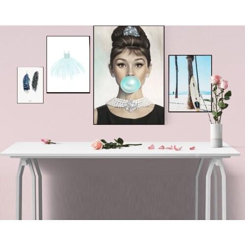 Audrey Hepburn Bubbles Wall Art Canvas Fashion Poster Blue Dress Landscape Feather Print Painting Picture Modern Room Decoration