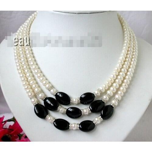 Natural 7-8mm 3Strands White Freshwater Pearl black jade necklace