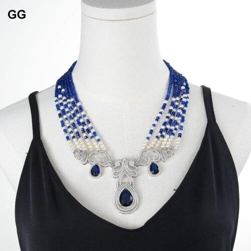 GG Jewelry 20" 6 Strands White Pearl Blue Jades Necklace CZ Pendant Handmade For Women