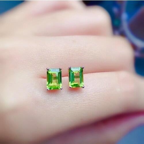 Simple Silver Rectangle Gemstone Earrings 5mm*7mm Natural Peridot Stud Earrings 925 Sterling Silver Peridot Earrings