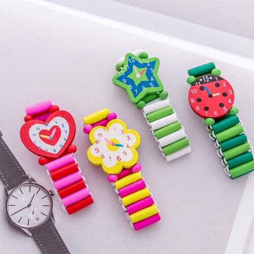 Colorful Heart Star Flower Kids Wooden Bracelet Watch Elastic Wristband Toy
