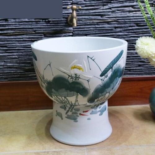 Water Ink Lotus Flower Art Mop Pool Balcony Ceramic Mop Pool Wash Mop Basin Towing Basin Chinese porcelain Mop Pool sinks