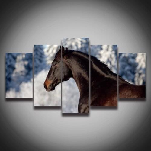 No Framed Printed Modern Black Horse Picture Animal Canvas Painting 5 Panel Landscape Wall Decoration Canvas art HD Print Poster