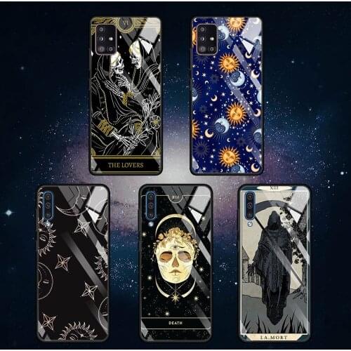Glass Case For Samsung Galaxy A51 A71 A50 A70 A21s A31 A52 A72 5G M31 M51 A10 Antifall Printing Phone Cover Death Tarot SKULL
