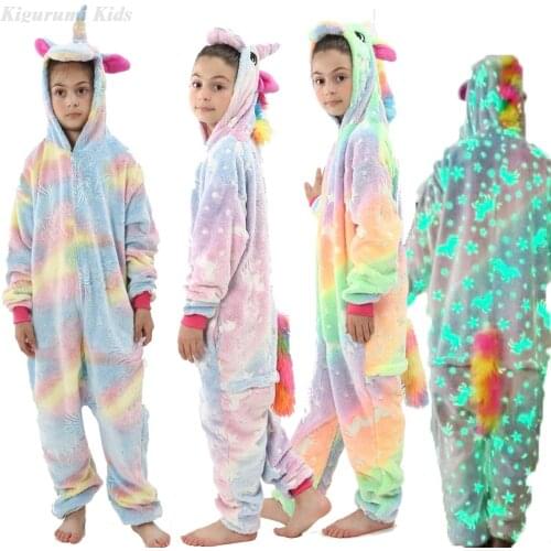 Glow In Dark Kigurumi Anime Winter Jumpsuit Kids Pajamas for Children Girls Sleepwear Baby Boys Onesie Hooded Unicorn Overalls