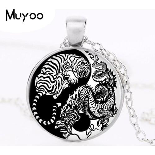 Vintage Art Yin Yang Dradon and Tiger Necklace Pendant Kolye Cabochon Black Long Chain Statement Necklace For Boys HZ1