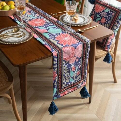 Embroidered Table Runner Vintage Floral Printed Table Cover Home Decoration Kitchen Tassel Table Runner for Wedding Hotel Dinner