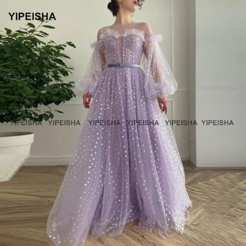 Yipeisha Jewel Lavender Evening Dresses Formal Custom Made Sheer Tulle A Line Long Sleeves Prom Party Gown vestidos de fiesta