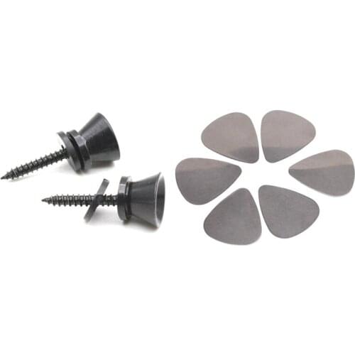 2Pcs Guitar Strap Lock Pins Peg Metal Black with 6X Stainless Steel Guitar Picks - Silver