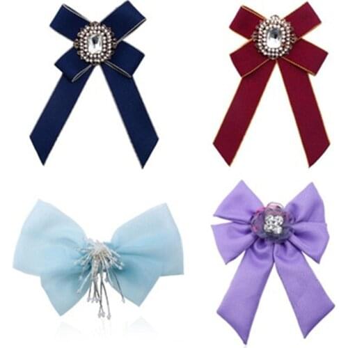 Women Girl Neck Bow Tie Knot Shirt Pins Fall Vintage Solid Crystal Stone Fabric Accessories Fashion Jewelry-MYD-W8