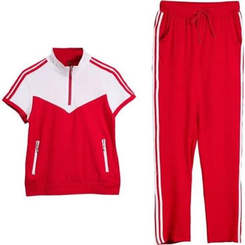 Summer 2 pieces women set short sleeve Sports Suit zipper up neck t shirT and pants Suits Plus Size Clothing Sets 4XL