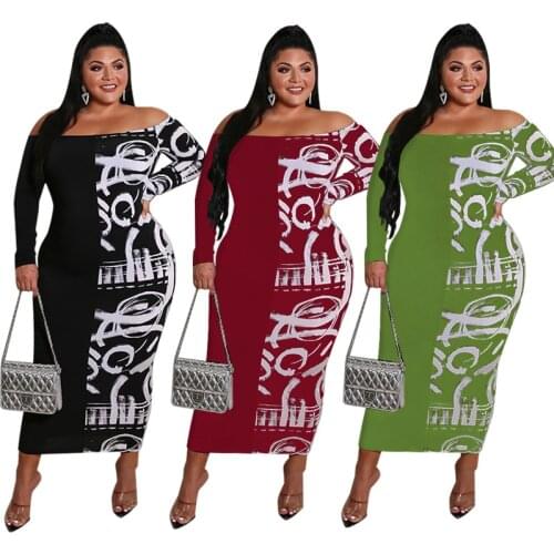 Plus Size Dresses for Women Long Sleeve Fall Clothes Vintage Bodycon Sexy Slash Neck Elegant Maxi Dresses Wholesale Dropshipping