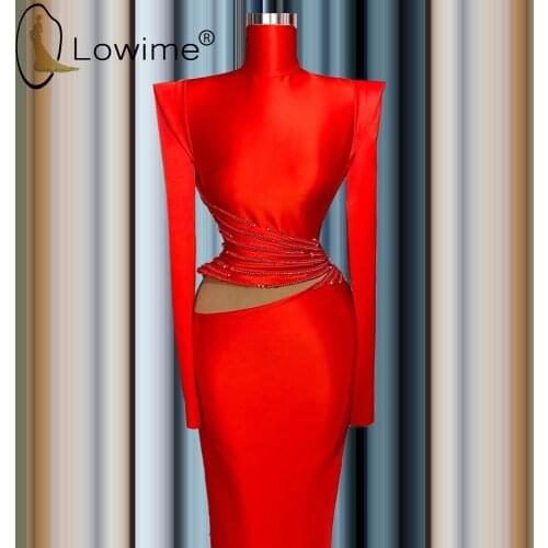 Lowime Red Long Sleeve Mermaid Evening Dresses 2021 High Neck Satin Evening Gowns Elegant for Women Party Prom