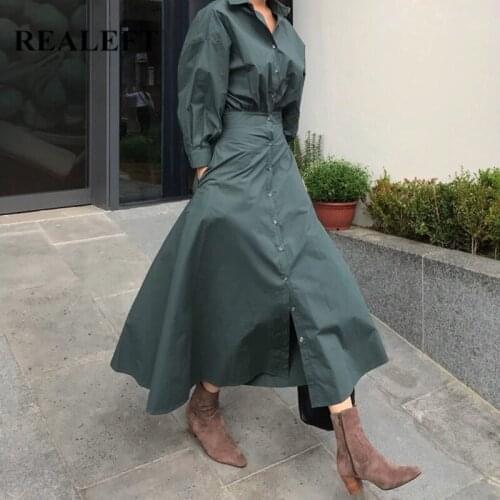 REALEFT 2021 New Spring Summer Vintage Shirts Womens Long Dresses High Waist Vintage Single Breasted Long Sleeve Female Dress