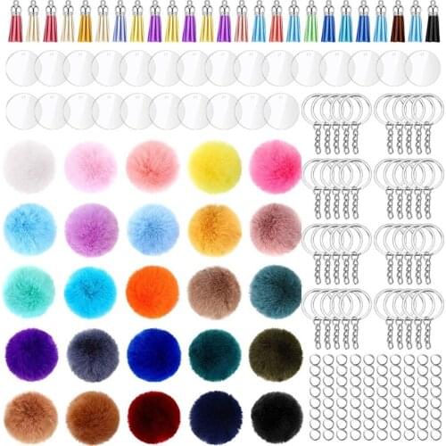 1 Set Acrylic Keychain Blanks with Key Rings Round Clear Discs Circles Colorful Tassel Pendant Jump Rings Artificial Plush Balls