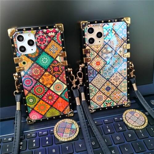 Luxury Glitter Flower Cover Square Lanyard Cord Strap Case for iPhone 12 PRO XS Max X XR 11 PRO MAX 7 8 Plus 6 6S Phone Cases