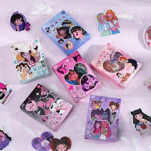 Dimi 50 Pcs/Box Playful Grils Cute Anime Girl Boxed Stickers Diary Album Decoration Labels Kawaii Japanese Cartoon Sticker