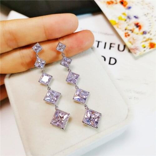 Ekopdee Elegant Fashion Square Zircon Earrings For Women Luxury CZ Crystal Long Earring Female Wedding Jewelry Anniversary Gift