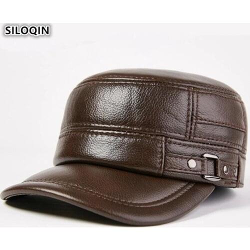 SILOQIN Snapback Cap Genuine Leather Hat Mens Army Military Hats Adjustable Size New Middle-aged Men Cowhide Leather Flat Caps